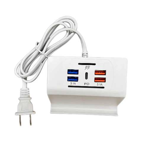 SOPORTE CARGADOR 220V 4 ENTRADAS USB DE 3.1A + TIPO C PD COLOR BLANCO