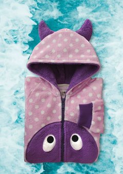 pijama entero onesie de animalitos de monstruo con capucha con cuernos y cara bordada. Bolsillos y cierre.