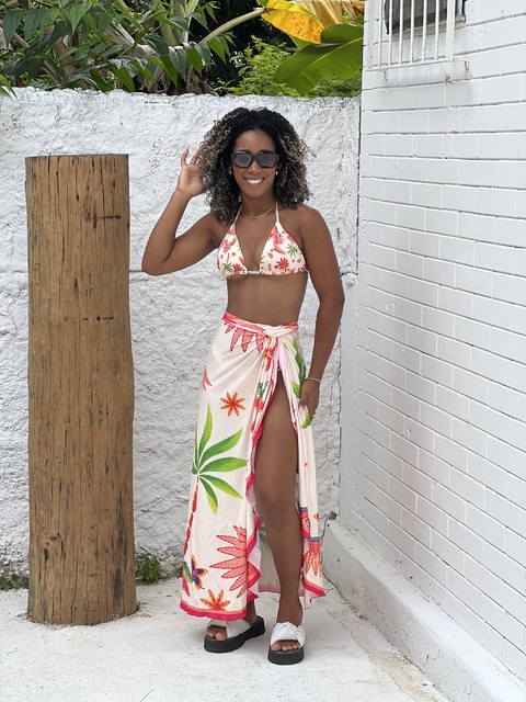 Kit Saia Pareô + Biquíni pássaro rosa