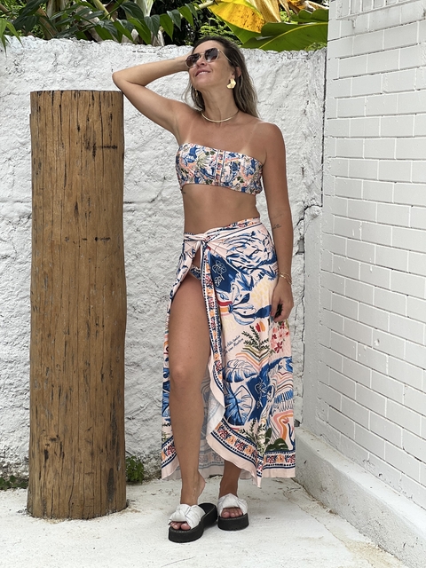 Kit Saia Pareô + Cropped pássaro azul