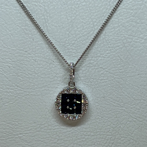 Cadena de Plata 925, Rodinada en Oro Blanco con Zafiros y Circoñas.