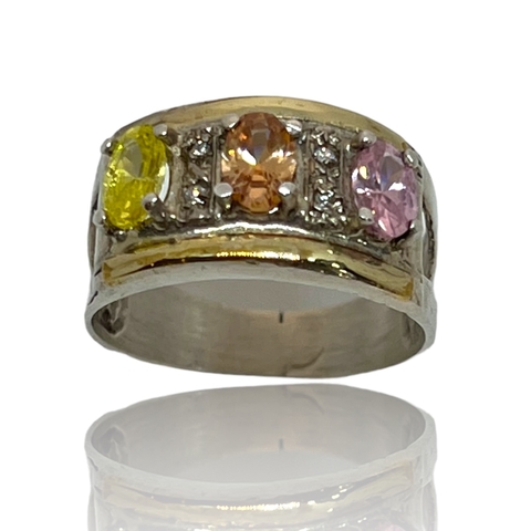 Anillo de Plata 925 y Oro 18klts. Circoñas Cubicas.