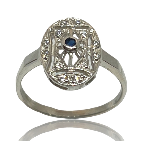 Anillo de Plata 925 Zafiro y Circoñas. Art Deco.