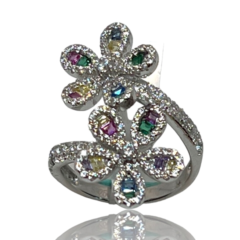 Anillo de Plata 925 Rodinado en Oro Blanco. Exclusivo Floral