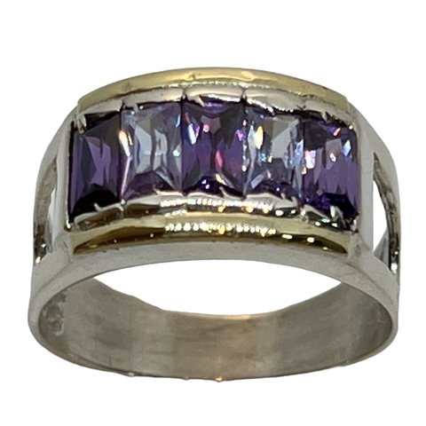 Anillo de Plata 925 y Oro18klts. Amatistas Baguette.