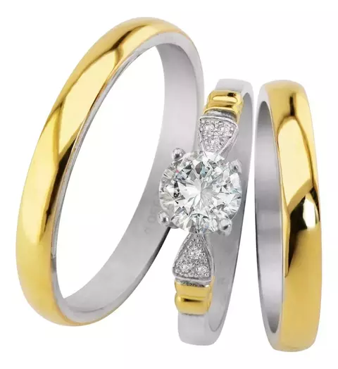 Par de Alianzas de Plata 925 y Oro 18K. Combo con Solitario OP.