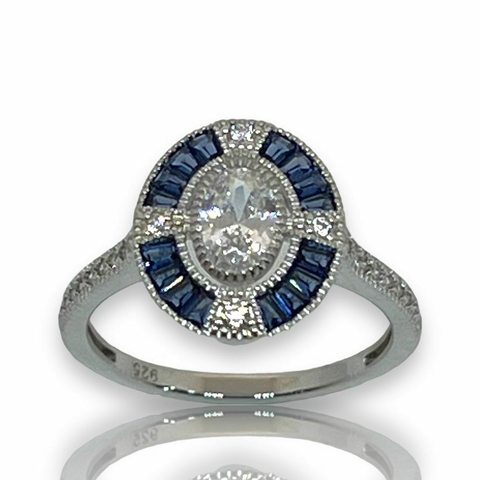 Anillo en Plata 925 Rodinado en Oro Blanco y Zafiros Art deco