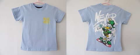 REMERA DE CHICOS 100% ALGODON DOBLE PEINADO ESTAMAPA DOBLE TALLE 6 NEVER3 (I6001-T6-CELEST)
