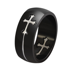 Anel Aliança Masculino Em Titânio Preto E Crucifixo Folheado a Prata ( cod. R-068S)