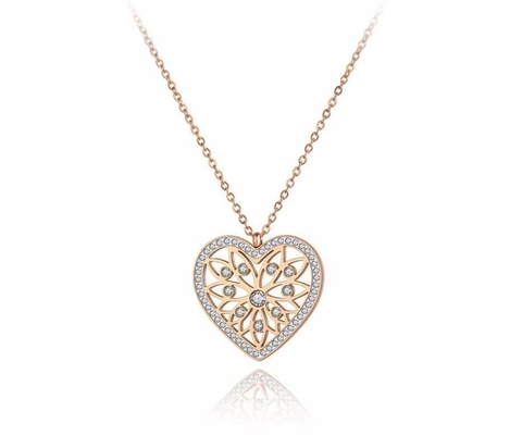 Colar Feminino Banho Ouro Rosê Pingente Coração Diamante Cz