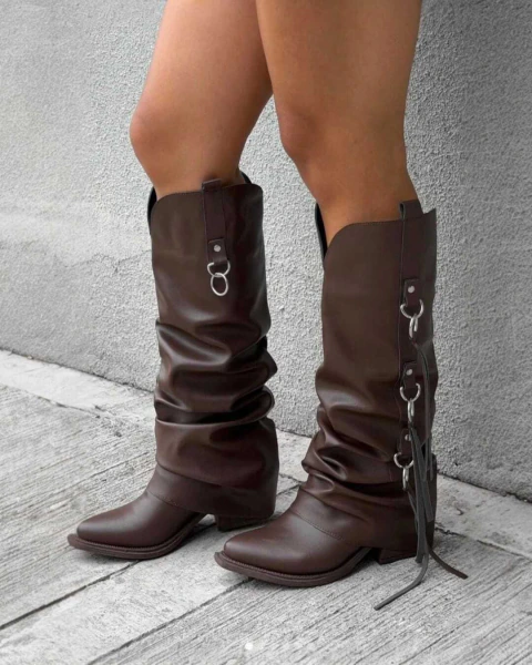 Bota texana Nuevo México cuero veggie chocolate caña alta | Miss Mystic