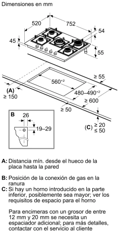 Anafe a Gas Bosch Serie 6 PPQ7A6I40 75 cm Cristal Negro 5 Quemadores - comprar online