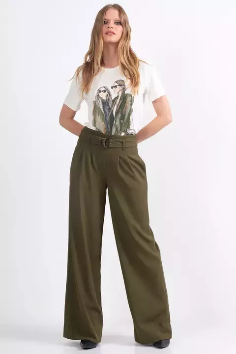 Calça pantalona em viscose texturizada