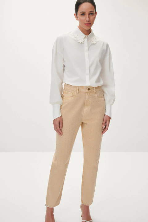 Calça Sarja Mom Cropped Super Alta Com Strass