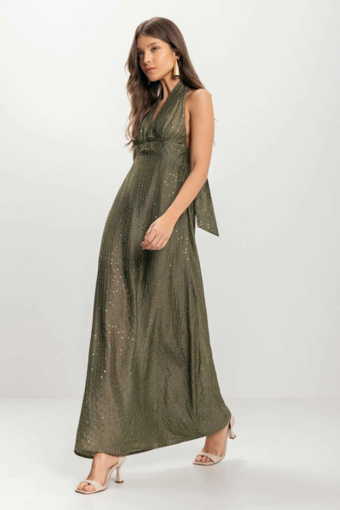 Vestido Longo Frente Única Com Amarração E Paetês