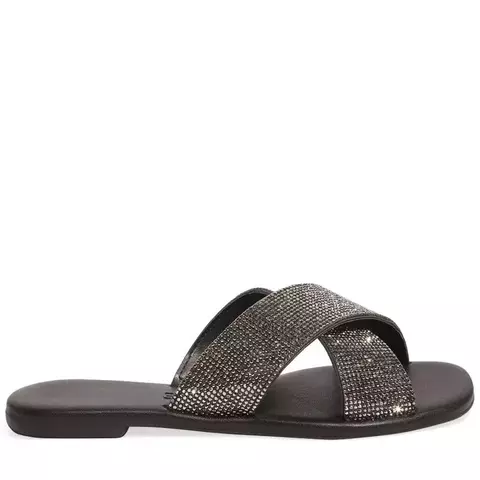 Rasteira Preta Com Tiras Grossas De Strass