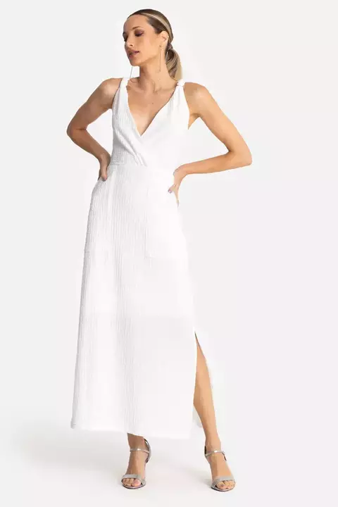 Vestido maxi alça decote v transpassado em anarruga