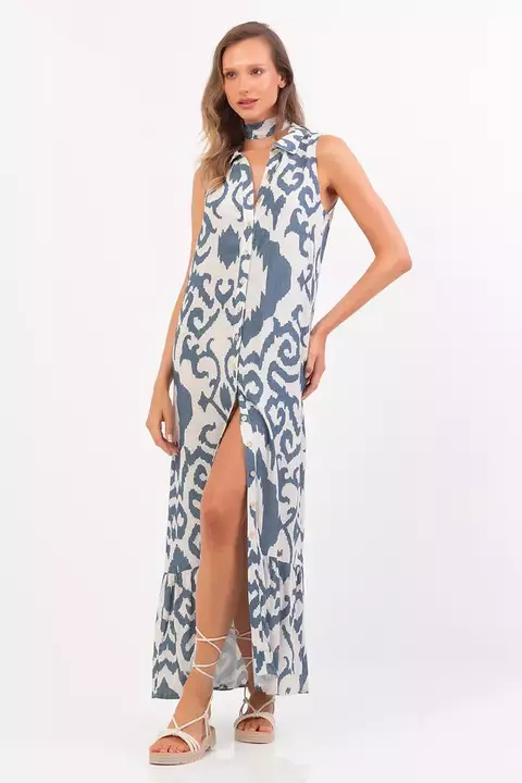 Vestido maxi em viscose com estampa exclusiva