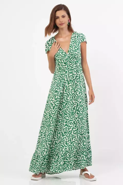 Vestido maxi manga curta em viscose com estampa exclusiva