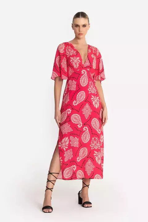 Vestido midi com fendas nas laterais em viscose com estampa exclusiva
