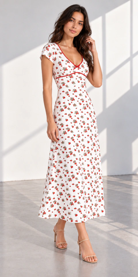 Vestido Largo con Estampa de Frutillas