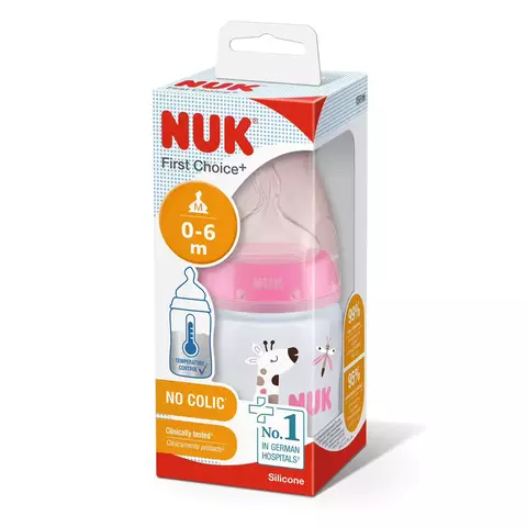 Mamadera NUK Anticólico First Choice 0-6 Meses 150ml rosa con control de temperatura