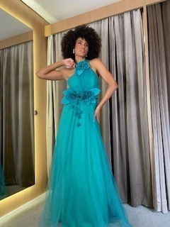 Imagem do LOCAÇÃO Vestido verde com flores 3D