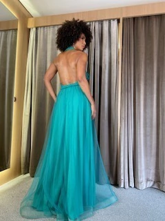 LOCAÇÃO Vestido verde com flores 3D - comprar online