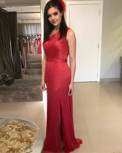 LOCAÇÃO Vestido Vermelho Plissado ombro único
