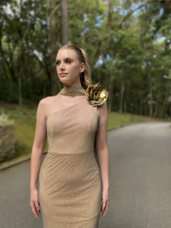 LOCAÇÃO Vestido Tela Rede Dourado Furta-cor estilo sereia na internet