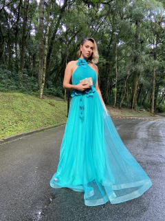 LOCAÇÃO Vestido verde com flores 3D - comprar online