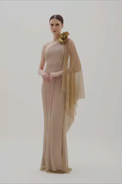 Imagem do LOCAÇÃO Vestido Tela Rede Dourado Furta-cor estilo sereia