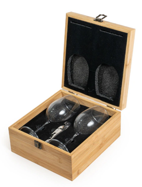 Set de vino XT HL7631 en caja de bambú con 2 copas y un destapador de 2 tiempos