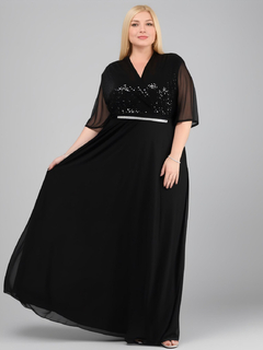 Imagen de Vestido cruzado con busto lentejuelas y manga y falfa de microtul con falda toda forrada hasta los pies viene con cinturon de strass