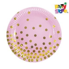 PLATO DE POLIPAPEL 17cm ROSA LUNARES DORADOS x 6 un