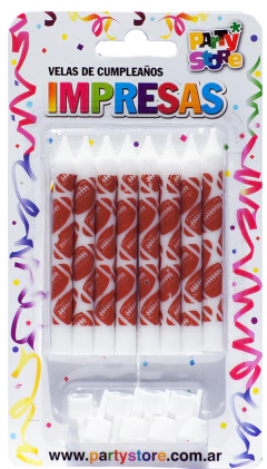 VELAS IMPRESAS BLANCAS CON PELOTAS DE RUGBY - Blister x 8 u