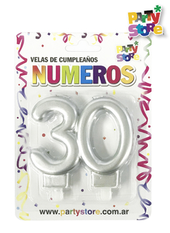 VELA NUMERO DOBLE METALIZADA PLATEADA 30 AÑOS