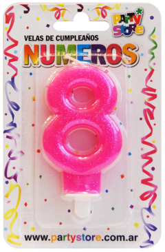 VELA NUMERO ROSA BRILLOS Nº8