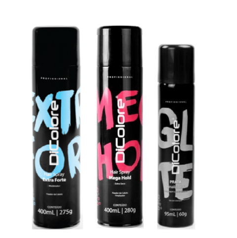 Kit Dicolore Spray Mega Hold 400ml + Spray Glitter Prata 95ml + Spray Extra Forte 400ml