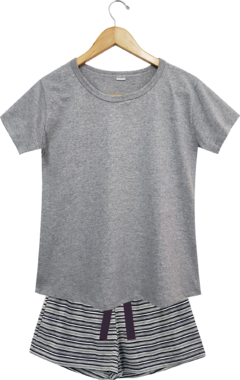 Pijama Feminino Curto Listrado Marinho Mescla