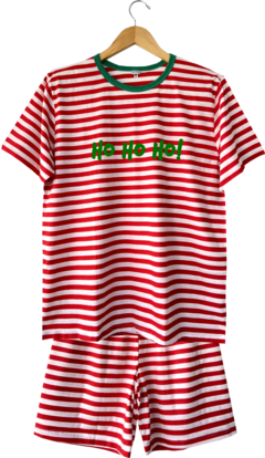 Pijama masculino listrado em vermelho e branco com estampa "Ho Ho Ho".
