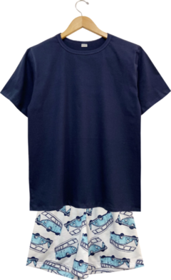 Pijama curto masculino camiseta marinho e shorts estampa Kombi.