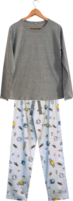 Pijama longo tricoline para meninas com estampa de planetas e foguetes, parte superior cinza.