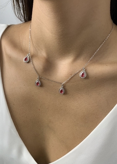 Colar prata 925 com pingentes de gota com pedra rosa