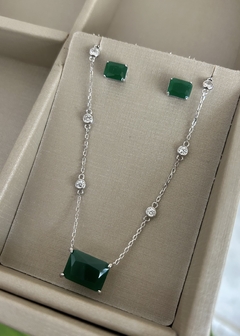 Conjunto Prata 925 com Pedra Verde Esmeralda e Zircônias