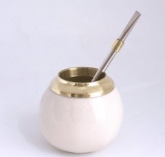 MATE CERÁMICA BORDE DE METAL BRONCE