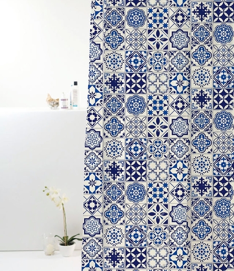 Cortina de Box Poliéster Azulejo Azul 1.98 x 180 m