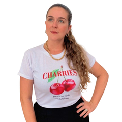 Camiseta T Shirt Branco Feminina Tendencia Cerejas Estampa Exclusiva