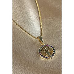 Colar Com Pingente De Circulo Da Árvore Da Vida Com Zircônia Colorida Banhado em Ouro 18k