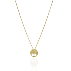 Colar Com Pingente De Circulo Da Árvore Da Vida Com Zircônia Colorida No Tronco Banhado em Ouro 18k